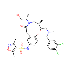 Cc1noc(C)c1S(=O)(=O)Nc1ccc2c(c1)CC(=O)N([C@@H](C)CO)C[C@@H](C)[C@H](CN(C)Cc1ccc(Cl)c(Cl)c1)O2 ZINC000095600132