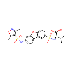 Cc1noc(C)c1S(=O)(=O)Nc1ccc2c(c1)oc1ccc(S(=O)(=O)N[C@@H](C(=O)O)C(C)C)cc12 ZINC000040914529