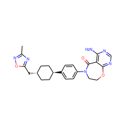 Cc1noc(C[C@H]2CC[C@H](c3ccc(N4CCOc5ncnc(N)c5C4=O)cc3)CC2)n1 ZINC000261188660