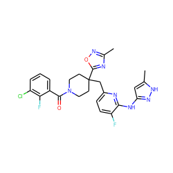 Cc1noc(C2(Cc3ccc(F)c(Nc4cc(C)[nH]n4)n3)CCN(C(=O)c3cccc(Cl)c3F)CC2)n1 ZINC000223393759