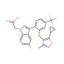 Cc1noc(C2CC2)c1Cc1cc(C(F)(F)F)ccc1-c1cn(CC(=O)O)c2ccc(F)cc12 ZINC000208593244