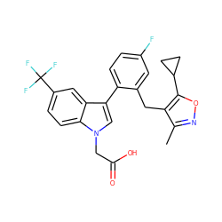 Cc1noc(C2CC2)c1Cc1cc(F)ccc1-c1cn(CC(=O)O)c2ccc(C(F)(F)F)cc12 ZINC000208799706