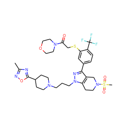 Cc1noc(C2CCN(CCCn3nc(-c4ccc(C(F)(F)F)c(SCC(=O)N5CCOCC5)c4)c4c3CCN(S(C)(=O)=O)C4)CC2)n1 ZINC000049780938