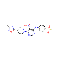 Cc1noc(C2CCN(c3ncnc(Nc4ccc(S(C)(=O)=O)cc4)c3[N+](=O)[O-])CC2)n1 ZINC000040845311