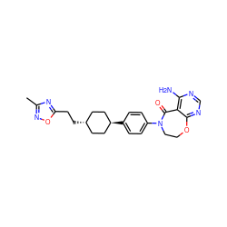 Cc1noc(CC[C@H]2CC[C@H](c3ccc(N4CCOc5ncnc(N)c5C4=O)cc3)CC2)n1 ZINC000261072589