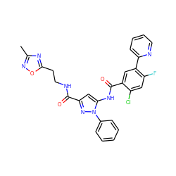 Cc1noc(CCNC(=O)c2cc(NC(=O)c3cc(-c4ccccn4)c(F)cc3Cl)n(-c3ccccc3)n2)n1 ZINC001772620615