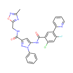 Cc1noc(CNC(=O)c2cc(NC(=O)c3cc(-c4ccccn4)c(F)cc3Cl)n(-c3ccccc3)n2)n1 ZINC001772590780