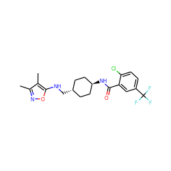 Cc1noc(NC[C@H]2CC[C@H](NC(=O)c3cc(C(F)(F)F)ccc3Cl)CC2)c1C ZINC000261139377