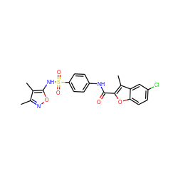 Cc1noc(NS(=O)(=O)c2ccc(NC(=O)c3oc4ccc(Cl)cc4c3C)cc2)c1C ZINC000000634084