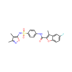 Cc1noc(NS(=O)(=O)c2ccc(NC(=O)c3oc4ccc(F)cc4c3C)cc2)c1C ZINC000000634055