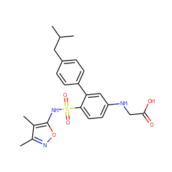 Cc1noc(NS(=O)(=O)c2ccc(NCC(=O)O)cc2-c2ccc(CC(C)C)cc2)c1C ZINC000013782458