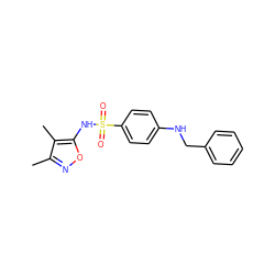 Cc1noc(NS(=O)(=O)c2ccc(NCc3ccccc3)cc2)c1C ZINC000013734240