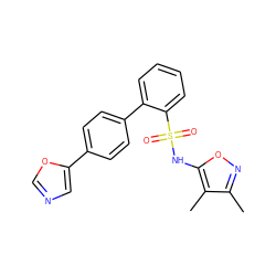 Cc1noc(NS(=O)(=O)c2ccccc2-c2ccc(-c3cnco3)cc2)c1C ZINC000013809634