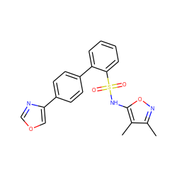 Cc1noc(NS(=O)(=O)c2ccccc2-c2ccc(-c3cocn3)cc2)c1C ZINC000013809631