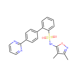 Cc1noc(NS(=O)(=O)c2ccccc2-c2ccc(-c3ncccn3)cc2)c1C ZINC000000601847