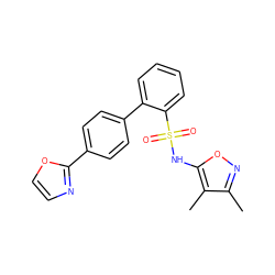 Cc1noc(NS(=O)(=O)c2ccccc2-c2ccc(-c3ncco3)cc2)c1C ZINC000000836695