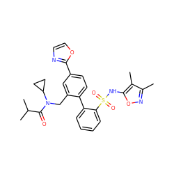 Cc1noc(NS(=O)(=O)c2ccccc2-c2ccc(-c3ncco3)cc2CN(C(=O)C(C)C)C2CC2)c1C ZINC000028767662