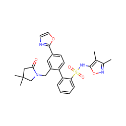 Cc1noc(NS(=O)(=O)c2ccccc2-c2ccc(-c3ncco3)cc2CN2CC(C)(C)CC2=O)c1C ZINC000013492867