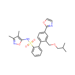 Cc1noc(NS(=O)(=O)c2ccccc2-c2ccc(-c3ncco3)cc2COCC(C)C)c1C ZINC000013492872