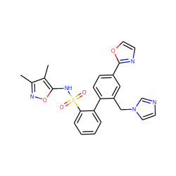 Cc1noc(NS(=O)(=O)c2ccccc2-c2ccc(-c3ncco3)cc2Cn2ccnc2)c1C ZINC000013492882