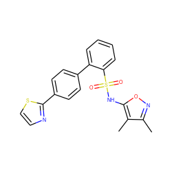 Cc1noc(NS(=O)(=O)c2ccccc2-c2ccc(-c3nccs3)cc2)c1C ZINC000013437961