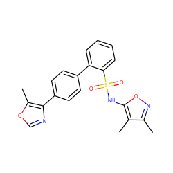 Cc1noc(NS(=O)(=O)c2ccccc2-c2ccc(-c3ncoc3C)cc2)c1C ZINC000013809633