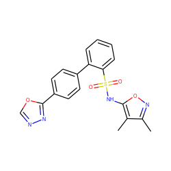 Cc1noc(NS(=O)(=O)c2ccccc2-c2ccc(-c3nnco3)cc2)c1C ZINC000001487119