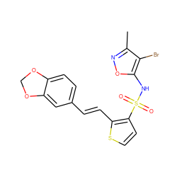 Cc1noc(NS(=O)(=O)c2ccsc2/C=C/c2ccc3c(c2)OCO3)c1Br ZINC000013815653