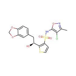 Cc1noc(NS(=O)(=O)c2ccsc2[C@@H](O)Cc2ccc3c(c2)OCO3)c1Cl ZINC000013815676