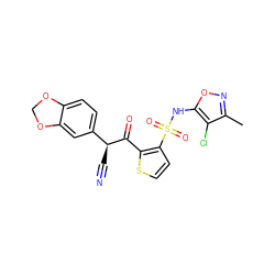 Cc1noc(NS(=O)(=O)c2ccsc2C(=O)[C@@H](C#N)c2ccc3c(c2)OCO3)c1Cl ZINC000013815664