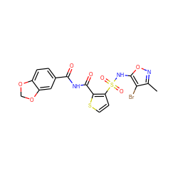 Cc1noc(NS(=O)(=O)c2ccsc2C(=O)NC(=O)c2ccc3c(c2)OCO3)c1Br ZINC000029406468