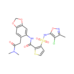 Cc1noc(NS(=O)(=O)c2ccsc2C(=O)Nc2cc3c(cc2CC(=O)N(C)C)OCO3)c1Cl ZINC000029414216