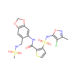 Cc1noc(NS(=O)(=O)c2ccsc2C(=O)Nc2cc3c(cc2CNS(C)(=O)=O)OCO3)c1Cl ZINC000029408819