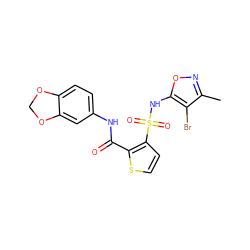 Cc1noc(NS(=O)(=O)c2ccsc2C(=O)Nc2ccc3c(c2)OCO3)c1Br ZINC000013815620