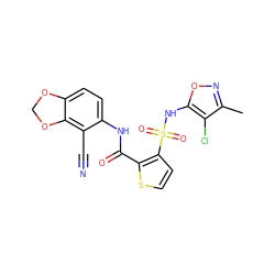 Cc1noc(NS(=O)(=O)c2ccsc2C(=O)Nc2ccc3c(c2C#N)OCO3)c1Cl ZINC000029411073