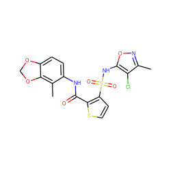 Cc1noc(NS(=O)(=O)c2ccsc2C(=O)Nc2ccc3c(c2C)OCO3)c1Cl ZINC000029404537