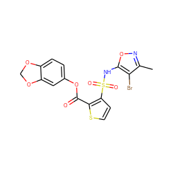 Cc1noc(NS(=O)(=O)c2ccsc2C(=O)Oc2ccc3c(c2)OCO3)c1Br ZINC000013815624