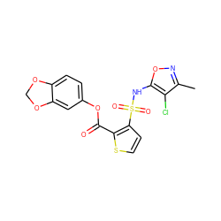 Cc1noc(NS(=O)(=O)c2ccsc2C(=O)Oc2ccc3c(c2)OCO3)c1Cl ZINC000013815640