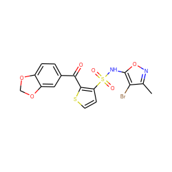 Cc1noc(NS(=O)(=O)c2ccsc2C(=O)c2ccc3c(c2)OCO3)c1Br ZINC000013815632