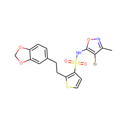 Cc1noc(NS(=O)(=O)c2ccsc2CCc2ccc3c(c2)OCO3)c1Br ZINC000013815672