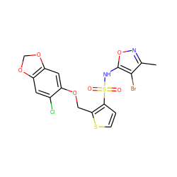 Cc1noc(NS(=O)(=O)c2ccsc2COc2cc3c(cc2Cl)OCO3)c1Br ZINC000013815650