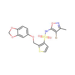 Cc1noc(NS(=O)(=O)c2ccsc2COc2ccc3c(c2)OCO3)c1Br ZINC000028008607