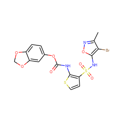 Cc1noc(NS(=O)(=O)c2ccsc2NC(=O)Oc2ccc3c(c2)OCO3)c1Br ZINC000013815647