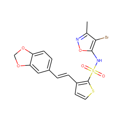 Cc1noc(NS(=O)(=O)c2sccc2/C=C/c2ccc3c(c2)OCO3)c1Br ZINC000028011370