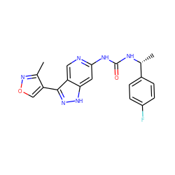 Cc1nocc1-c1n[nH]c2cc(NC(=O)N[C@H](C)c3ccc(F)cc3)ncc12 ZINC000261170680