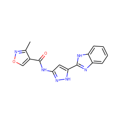 Cc1nocc1C(=O)Nc1cc(-c2nc3ccccc3[nH]2)[nH]n1 ZINC000653803330