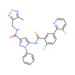 Cc1nonc1CNC(=O)c1cc(NC(=O)c2cc(-c3ncccc3F)ccc2Cl)n(-c2ccccc2)n1 ZINC001772630016