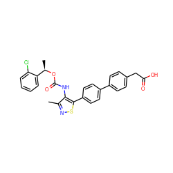 Cc1nsc(-c2ccc(-c3ccc(CC(=O)O)cc3)cc2)c1NC(=O)O[C@H](C)c1ccccc1Cl ZINC000205564135