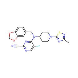 Cc1nsc(N2CCC(N(Cc3ccc4c(c3)OCO4)c3nc(C#N)ncc3F)CC2)n1 ZINC001772604954