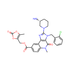 Cc1oc(=O)oc1COC(=O)c1ccc2c(c1)c1nc(N3CCC[C@@H](N)C3)n(Cc3ccccc3Cl)c1c(=O)n2C ZINC000299854031